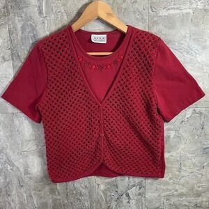 Vintage 90s Jantzen Red crochet button up top with embroidered flowers size M